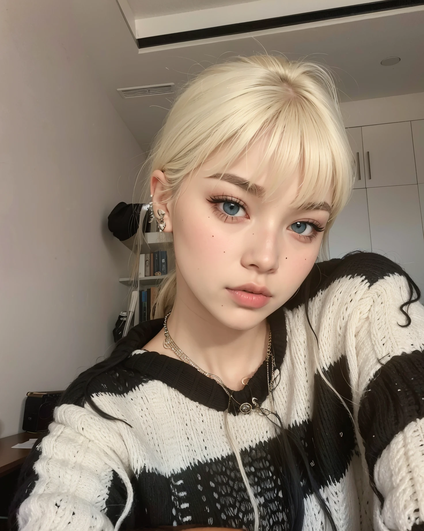 blonde woman with blue eyes and a black and white sweater, franja branca, com franja completa, cabelo whitebangs cabelo, com franja, franja fofa, Lalisa Manobal, cabelo arrumado com franja, branco hime corte penteado, cabelo preto e franja branca, com cabelo curto com franja, cabelo loiro curto com franja, Parque Roseanne do Blackpink