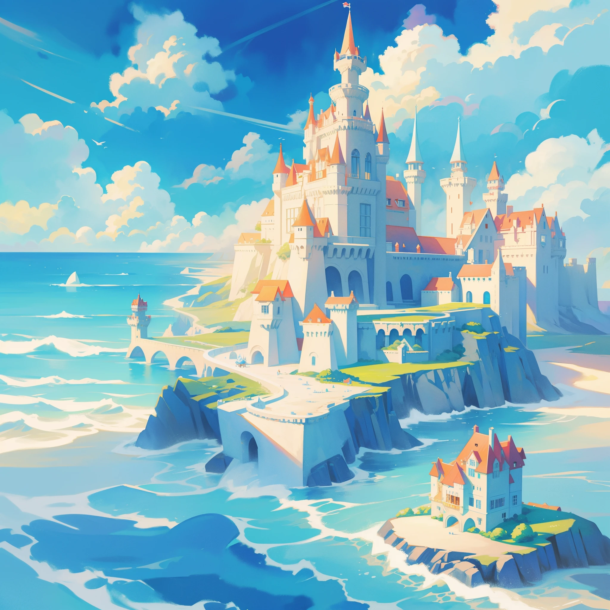 picture book illustration, watercolor storybook illustration, ((seaside castle)), (ocean beach), ((fantasy castle)), fairytale towers, clouds, vibrant pastel colors, dream, colorful, whimsical, magical, masterpiece, best quality, sharp focus, intricately detailed environment, fine detail, 8k resolution, (colorful), cute