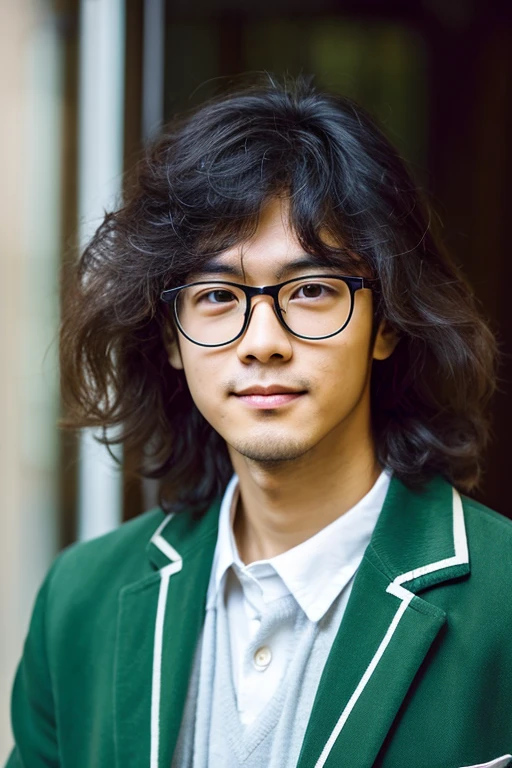 An Asian boy with frizzy hair and glasses