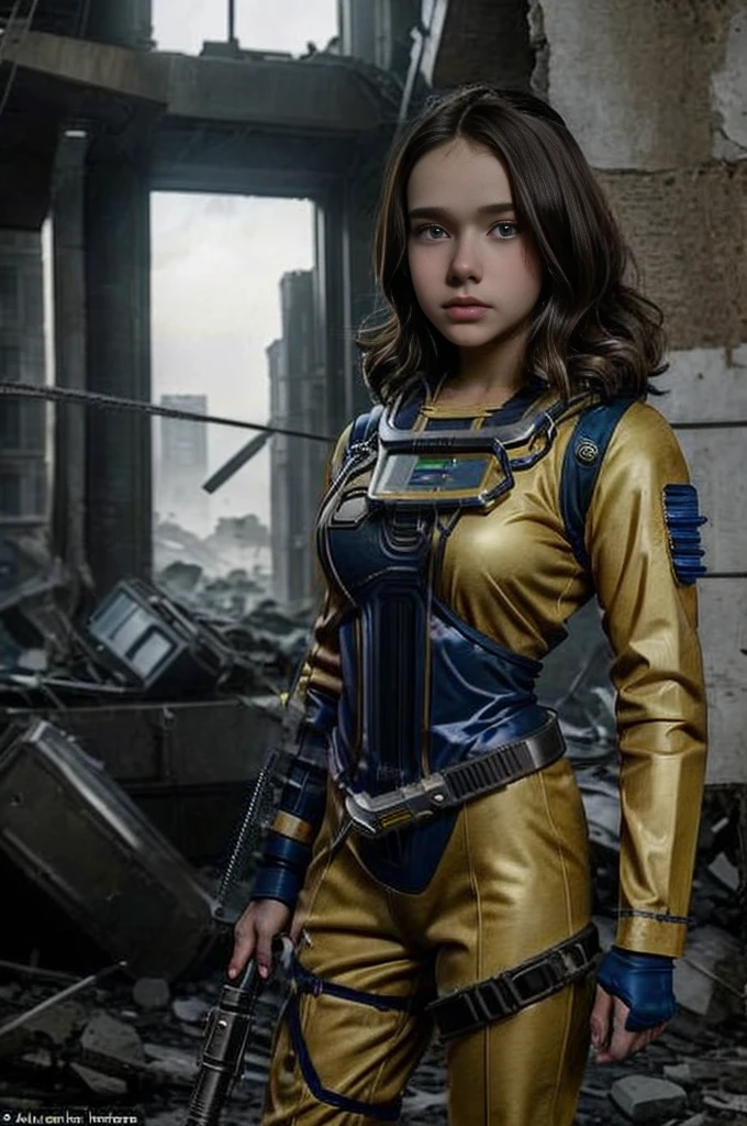  girl wearing (vaultsuit with pipboy3000 on wrist) standing in a ruined city, holding a large fallout weapon, giant slater fallout insect in background, professionally color graded, professional photography, well drawn, masterpiece, hyper realistic, ultra detailed, high quality, best quality, 4k, 8k, raw