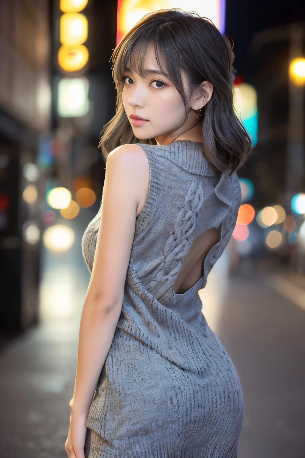 ((Best Quality　8K Masterpiece)) Japanese ido　a beauty girl　18year old　((beautiful symmetrical eye　shiny plump lips))　Short wavy brown hair with bangs　((Shot from the side　sexypose　Looking at the camera))　　(very sexy fitted gray knit sweater dress　Sleeveless　No back body:1.6)　(Side breasts are visible:1.5)　(no-bra:1.4)　Downtown alley at night　Night view of Shinjuku　Duck mouth　glowy skin　close up of face　Teary-eyed