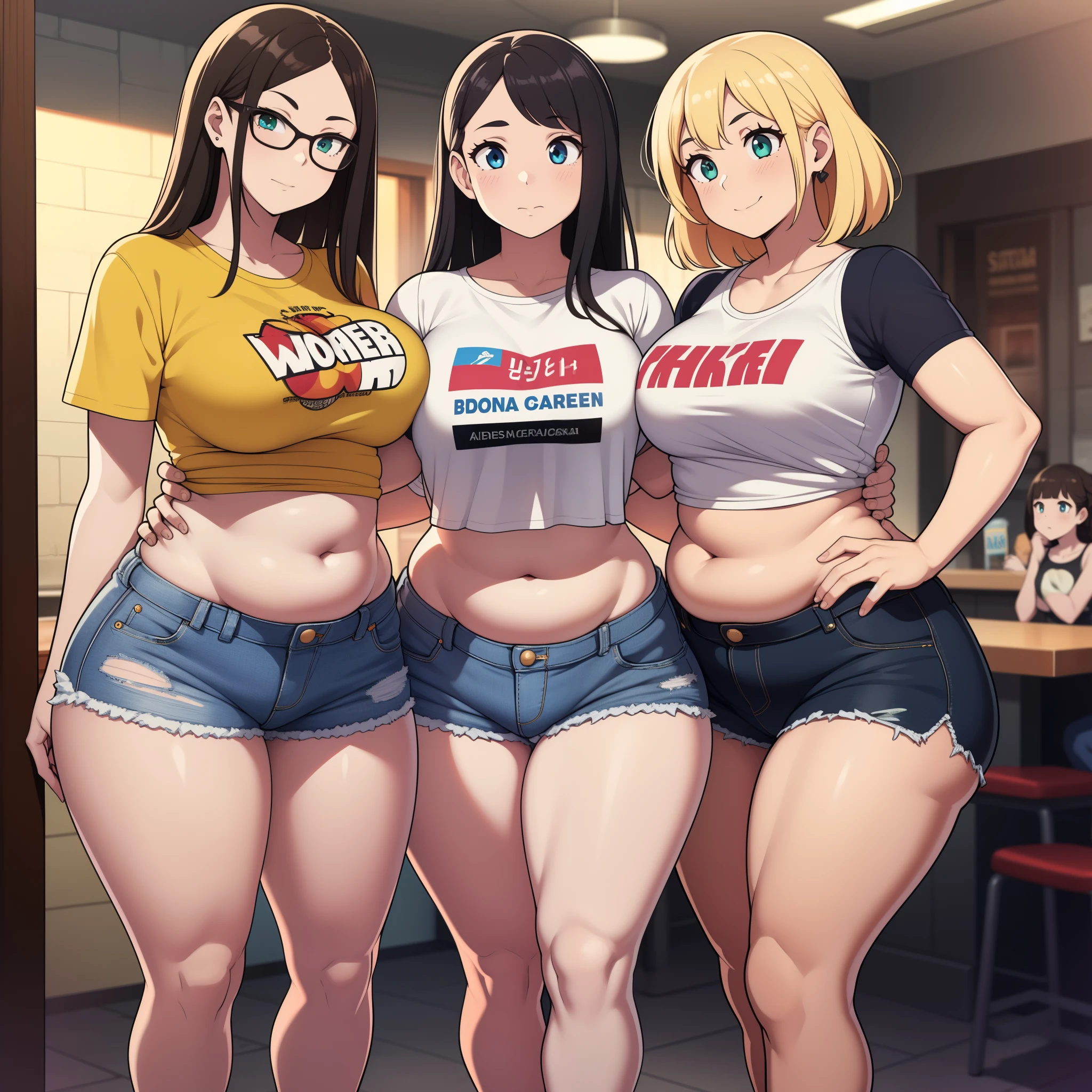 ((highres)), Masterpiece, high quality, best quality, beautiful, perfect lighting, detailed face, ultra cute face, (((3girls))), one girl has blonde hair, blue eyes, crop top and shorts skindentation, one girl has brown hair, green eyes, jeans, white shirt, tight clothes, one girl has, Short black hair, brown eyes, crop top and shorts full body, fast food restaurant, medium breasts, ((wide hips)), ((thick thighs)), ((plump)), chubby belly, fat folds, belly hang, standing, touching each other, belly grab,