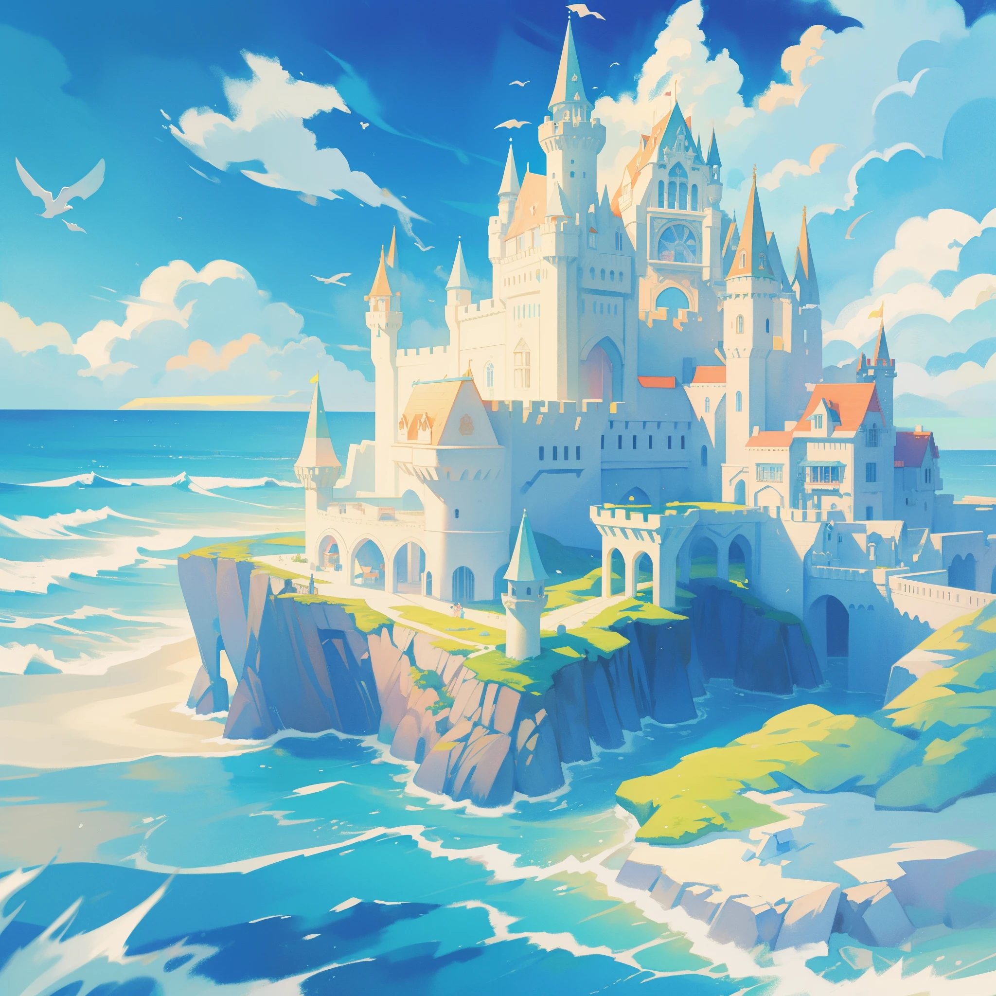 picture book illustration, watercolor storybook illustration, ((seaside castle)), (ocean beach), ((fantasy castle)), fairytale towers, clouds, vibrant pastel colors, dream, colorful, whimsical, magical, masterpiece, best quality, sharp focus, intricately detailed environment, fine detail, 8k resolution, (colorful), cute