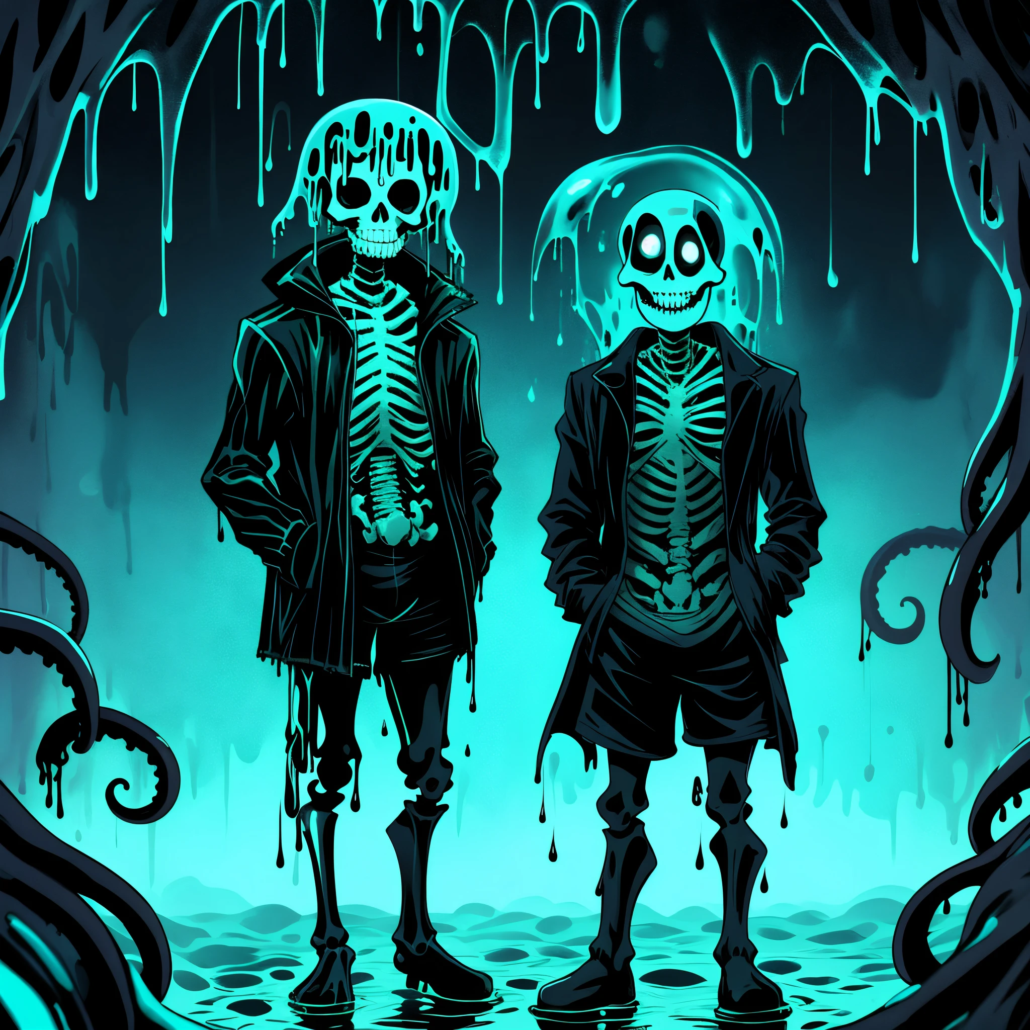 black skeleton, goopy skeleton, nightmare!sans, cyan eye, smiling, hands in pockets, black goopy jacket, black goopy shirt, black goopy shorts, tentacles, goopy covered eye, cyan outlin