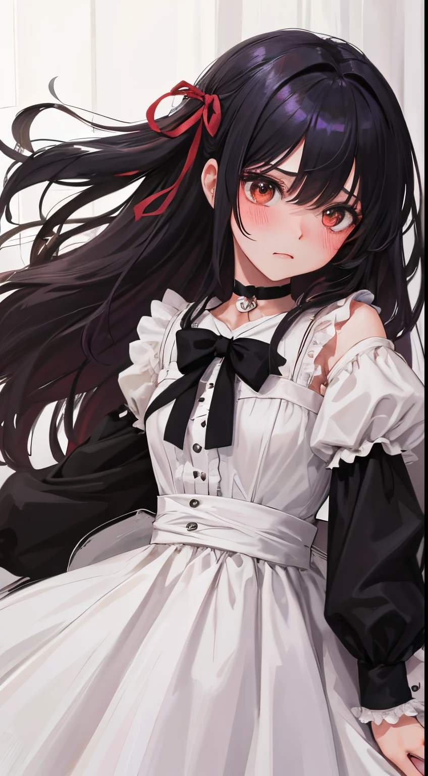 《girl with2a person々Fighting:1.8》,(blush:1.1),Choker,very angry and fighting、top-quality、masutepiece、Blushing cheeks、Mine makeup、Yandere Images、black and red lolita fashion、One person shortcuts、Colorful long hair、《Messy room》、bustup、The style is very good、two women appear、femele2a person