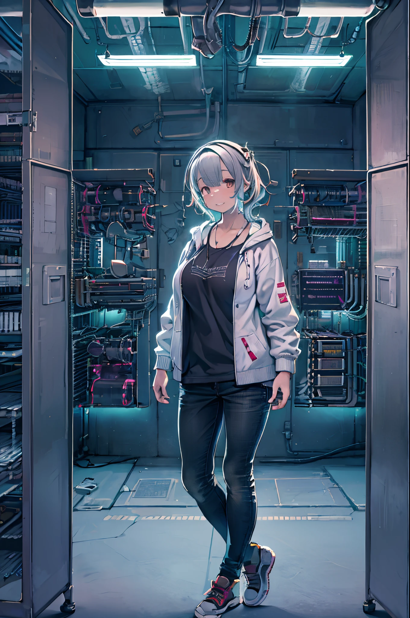 (Full body:1)  girl's, smart casual, Hacker's Server Room, Detailed face, ((cool expression)), (Straight Short Thin Fringe Hair:1.2), ultra detailed photographic, (Photorealistic), (Intricate details:1),(masutepiece :1), (Best Quality:1), 超A high resolution, (Detailed eyes), (detailed facial features), nffsw, 8K resolution, (Lens Flare:0.5), Light from far behind, (Smile, Joy)