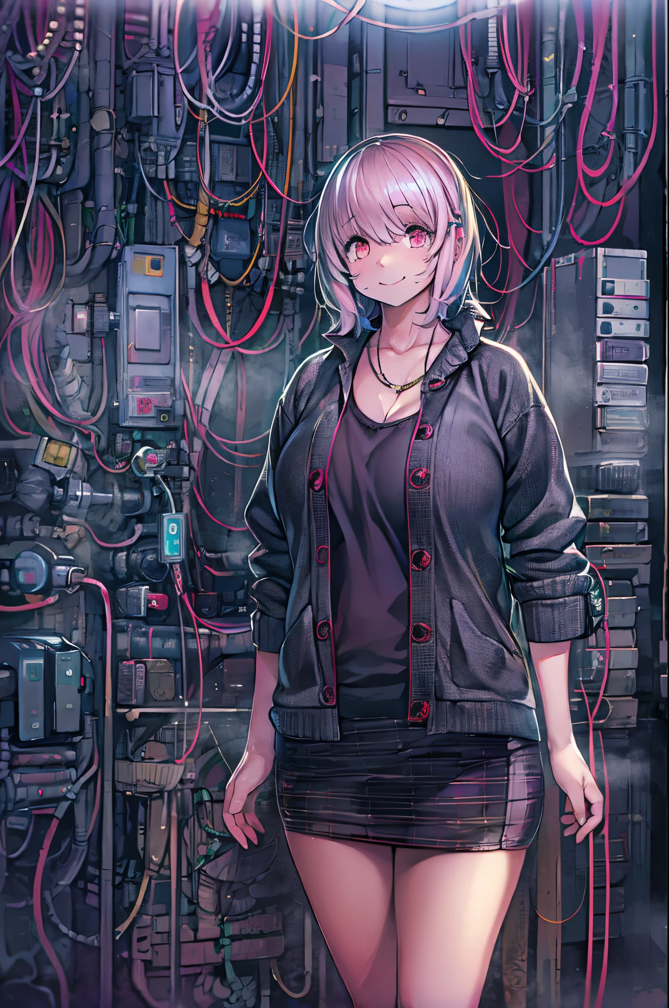 (Full body:1) Young girl's, smart casual, Hacker's Server Room, Detailed face, ((cool expression)), (Straight Short Thin Fringe Hair:1.2), ultra detailed photographic, (Photorealistic), (Intricate details:1),(masutepiece :1), (Best Quality:1), 超A high resolution, (Detailed eyes), (detailed facial features), nffsw, 8K resolution, (Lens Flare:0.5), Light from far behind, (Smile, Joy)