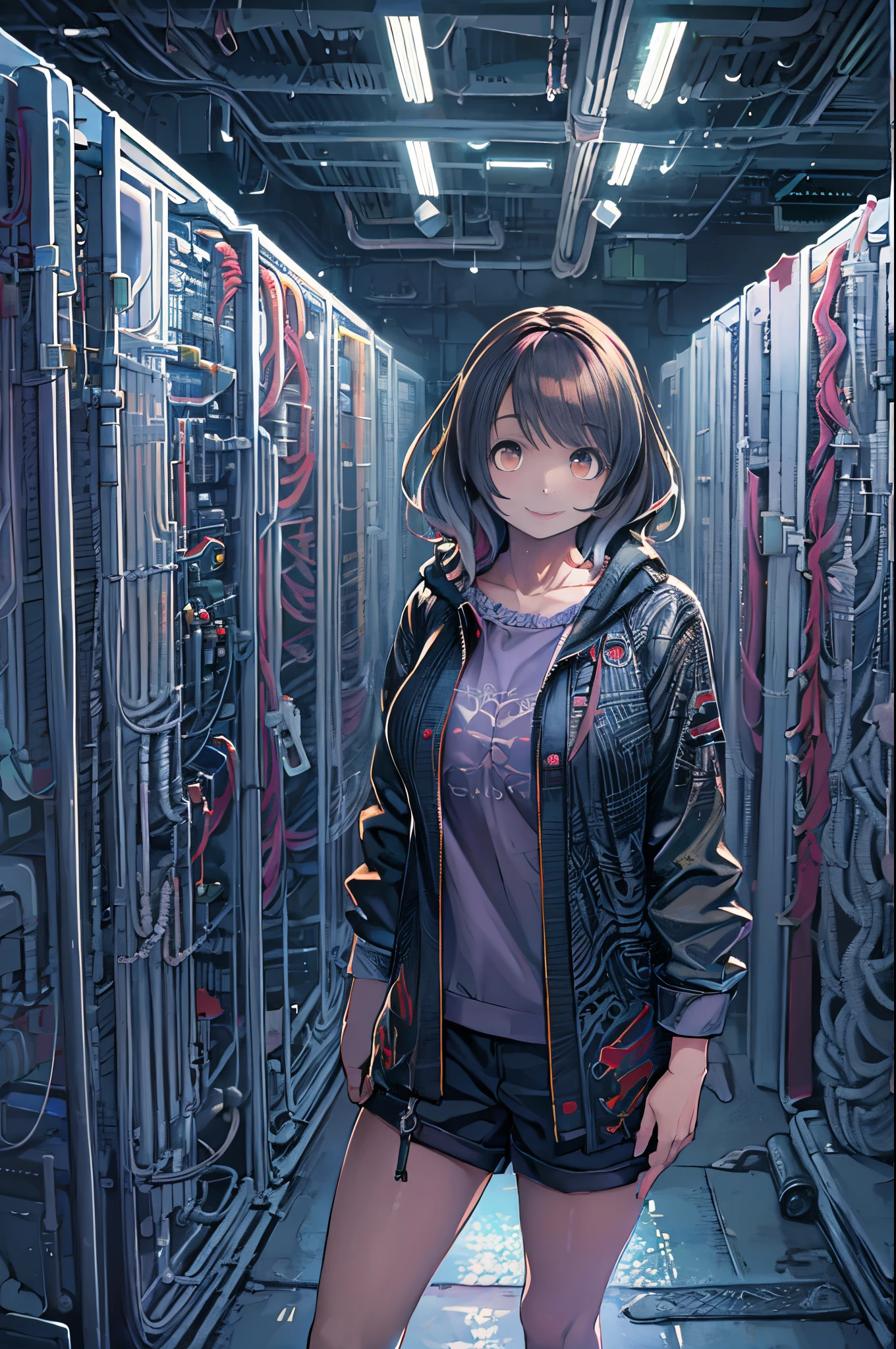 (Full body:1) girl's, smart casual, Hacker's Server Room, Detailed face, ((cool expression)), (Straight Short Thin Fringe Hair:1.2), ultra detailed photographic, (Photorealistic), (Intricate details:1),(masutepiece :1), (Best Quality:1), 超A high resolution, (Detailed eyes), (detailed facial features), nffsw, 8K resolution, (Lens Flare:0.5), Light from far behind, (Smile, Joy)