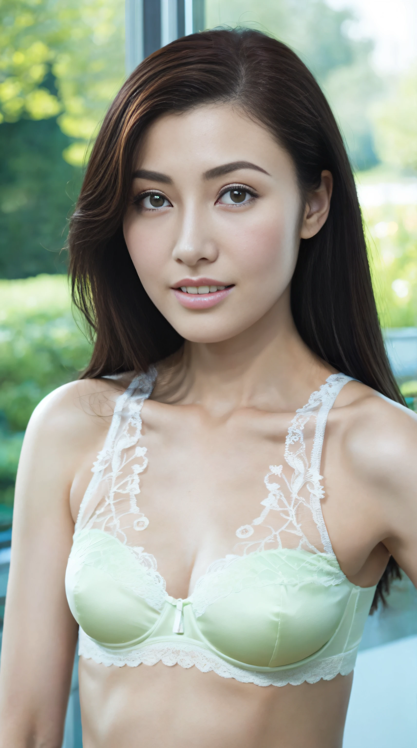 a fashion model，18yr old， [[[[Close-up cleavage]]]], [[[[climaxing]]]], [[[[Cole]]]], [[[[bshoulder]]]], perfect  eyes, Perfect iris，perfect lips，perfect teeth，Perfect Skin，with fair skin，HighDynamicRange，Movie Girl，(delicated face)，(Highly defined faces)，((White lace underwear))，The background is indoors，green trees outside the window，fresh flowers，4K Ultra HD, 超高分辨率, (realistically: 1.4), Best quality，tmasterpiece，（pastel colour：1.2）