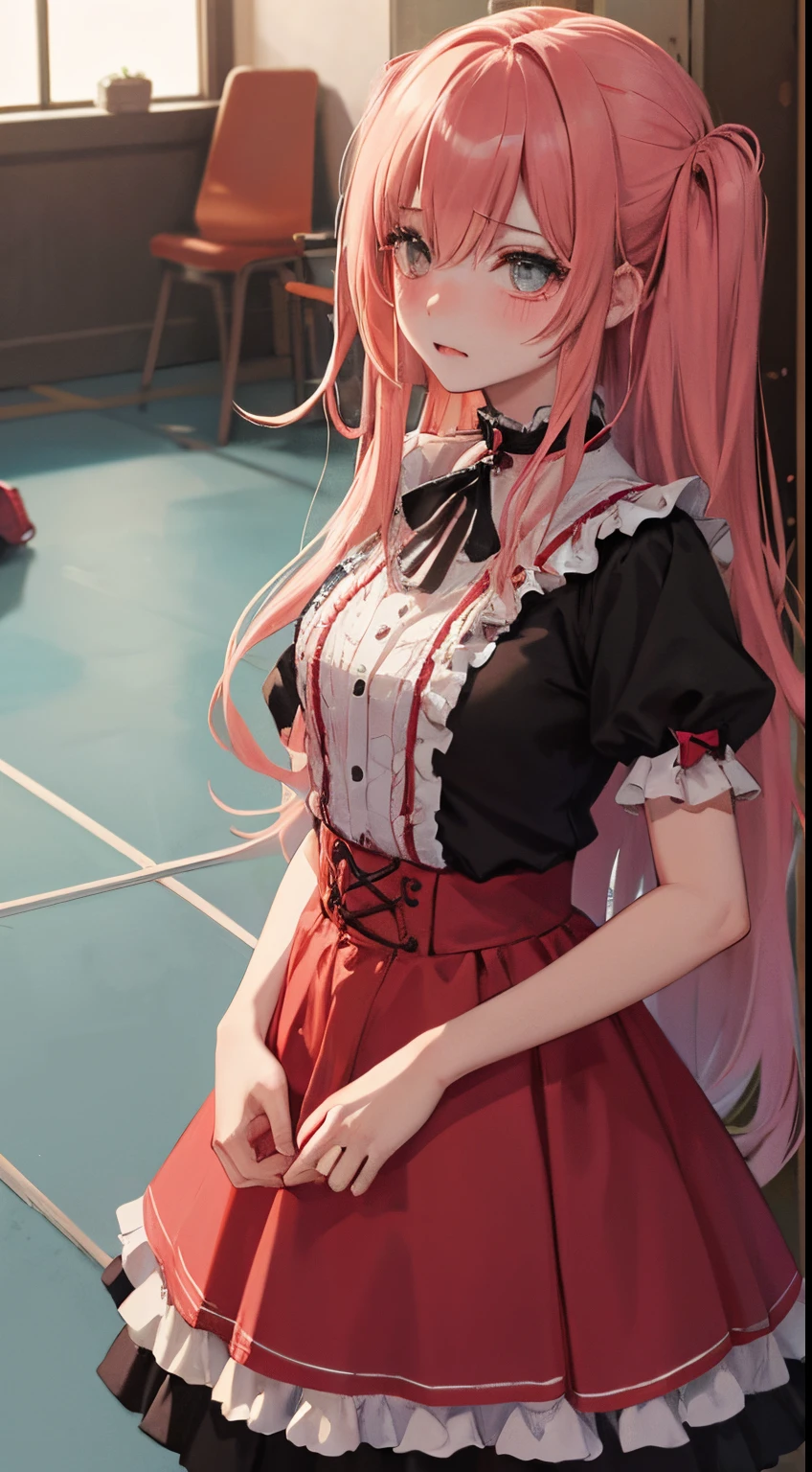 《girl with2a person々Fighting:1.8》,(blush:1.1),Choker,very angry and fighting、top-quality、masutepiece、Blushing cheeks、Mine makeup、Yandere Images、black and red lolita fashion、One person shortcuts、Colorful long hair、《Messy room》、bustup、The style is very good、two women appear、femele2a person