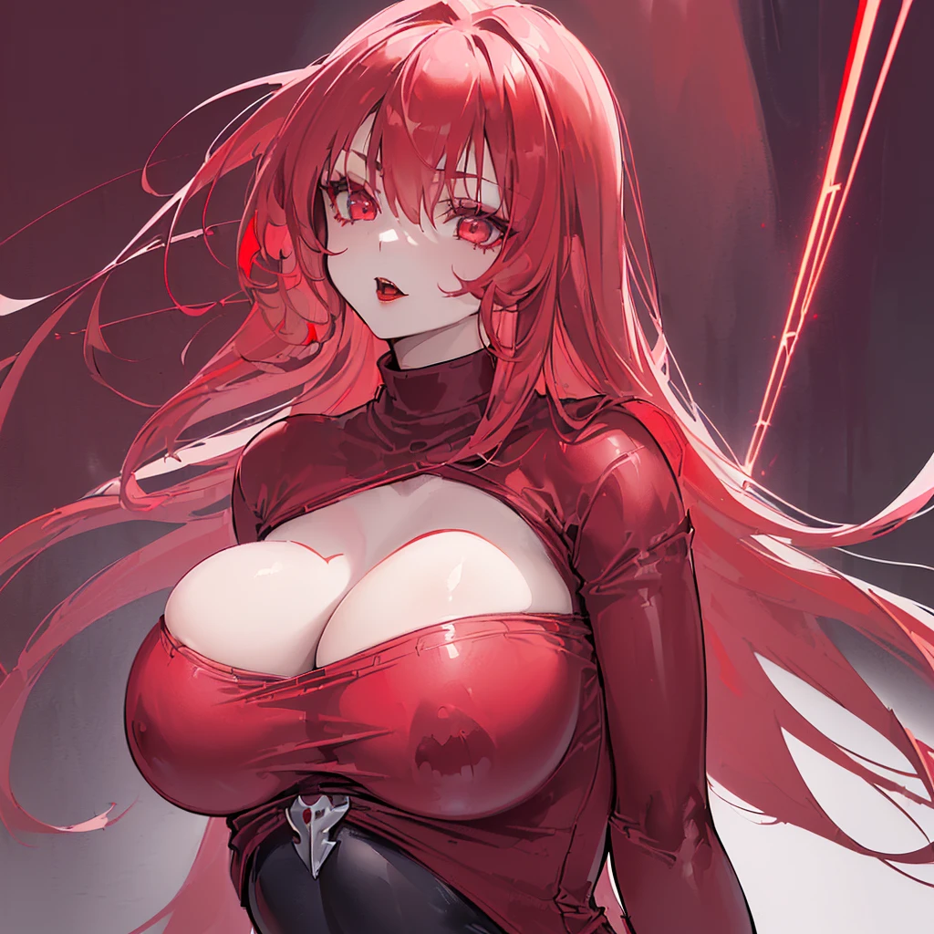 (vampire,1.1,girl,1.1,crimson long hair,red lipstick,red laser eyes,red tight T-shirt,skin-tight clothes,giant boobs,wider hips,thick tights,best quality,ultra-detailed,photorealistic:1.37),dark fantasy,gothic,vivid colors,studio lighting,red color scheme,sharp focus,horror