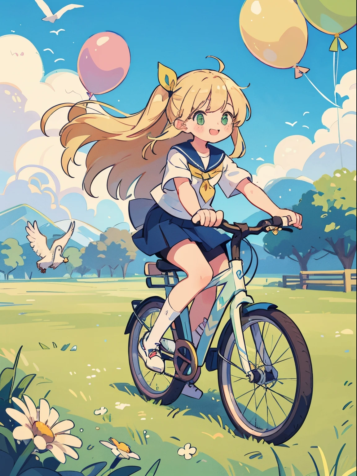 ((Stranger))1 girl blonde green eyes((Long hair))((One-sided up hair))Smile Open Hair Ribbon Sailor Uniform Short Sleeve Skirt Socks Sneakers(pedaling bike)Blue sky(baloons)Bird{{masutepiece}}}, {{{Best Quality}}, {{ultra-detailliert}}}, {Illustration}}, {{extremely delicate and beautiful}},{{Caustics}}🎈☁️💙✨,Detailed picture