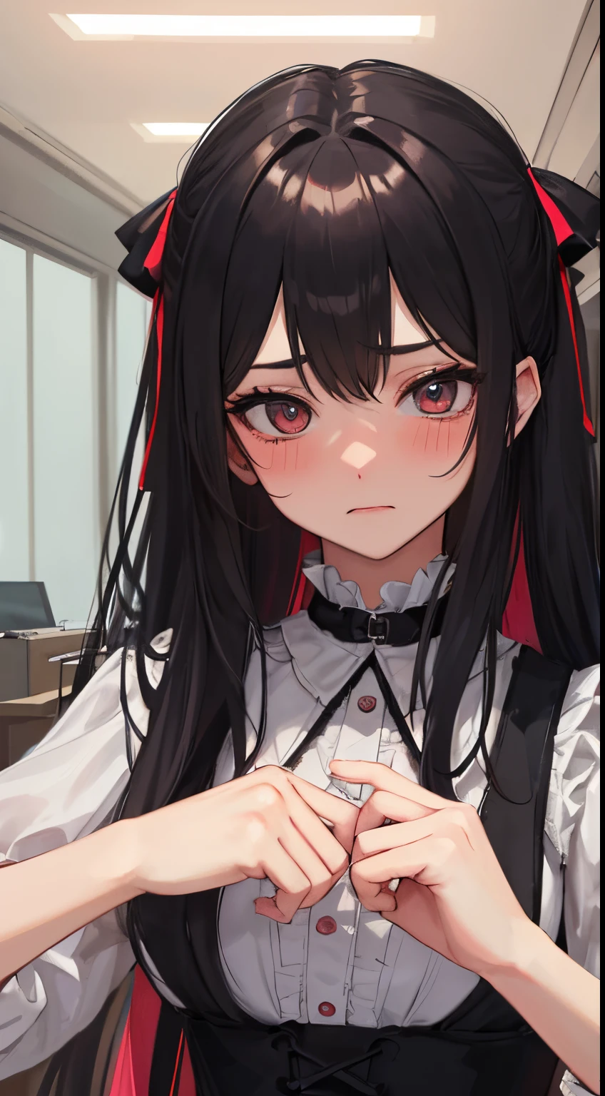 《girl with2a person々Fighting:1.8》,(blush:1.1),Choker,very angry and fighting、top-quality、masutepiece、Blushing cheeks、Mine makeup、Yandere Images、black and red lolita fashion、One person shortcuts、Colorful long hair、《Messy room》、bustup、The style is very good、two women appear、femele2a person