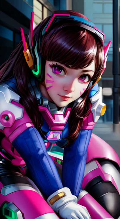 Masterpiece, Best Quality, High Resolution, 1Girl, Ultra High Resolution, Solo, Mecha Pilot, D.VA, Headphones, Pink Eyes, Cat Face Adornament, Blue Tights, Brown Hair, White Gloves,