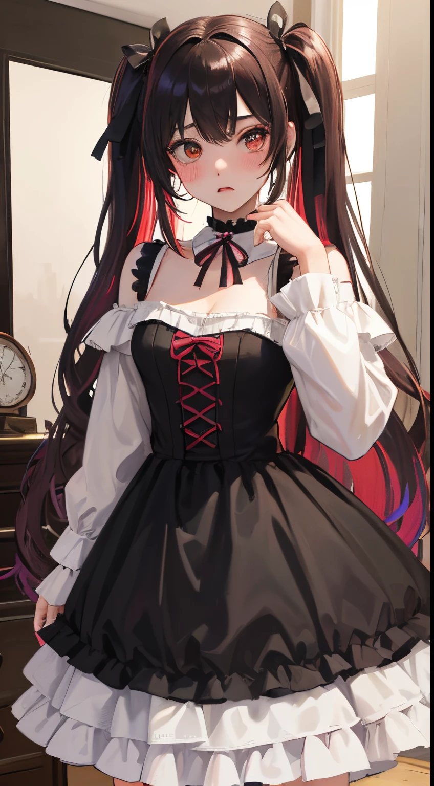 《girl with２a person々is fighting:1.8》,(blush:1.1),Choker,very angry and fighting、top-quality、masutepiece、Blushing cheeks、Mine makeup、Yandere Images、black and red lolita fashion、One person shortcuts、Colorful long hair、《Messy room》、bustup、The style is very good、two women appear、femele２a person