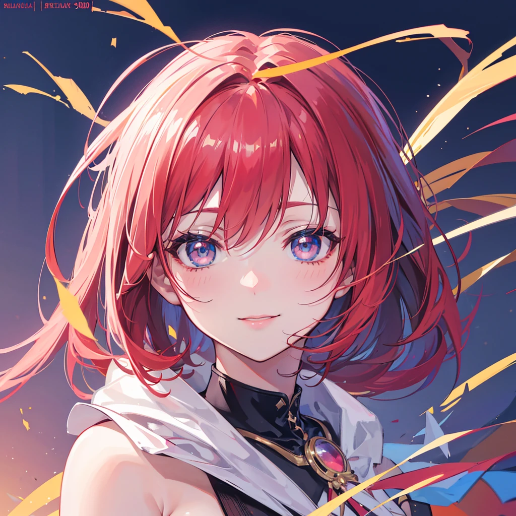 (best quality,4k,8k,Altas,master part:1.2),ultra-detalhado,(Realistic,fotorrealista,photo-realistic:1.37),anime,female,cabelos ruivos curtos,Red lipstick,vestido preto,olhos cor-de-rosa brilhantes,smile shy,marcas de blush,vivid colors,Retratos,your lighting
