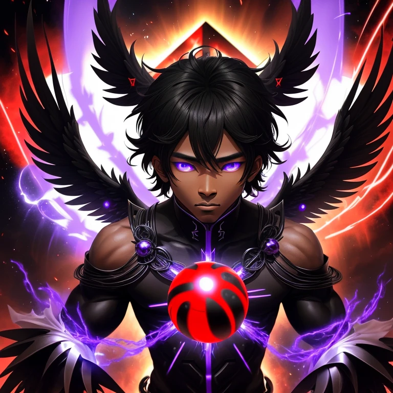 Black body Angel king with three power: black, purple and red with a energy ball red, black, purple, anime color,no background