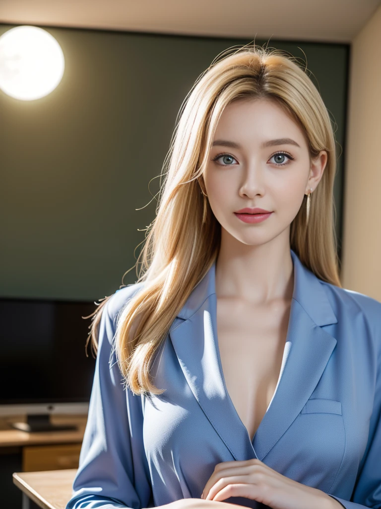 tmasterpiece,Highest image quality,super detailing,Enchanted smile,amazing face and eyes, cosmetics, (extremely detailed beautiful face), (The sexiest look), deep understanding,Bare breasts,(Best quality at best:1.4), (ultra - detailed), (extremely detaild的 CG unified 8k wallpapers), The content is very detailed, RAW photogr, professional photoshooting, ((Open business suit)), (Open business shirt), Indoor and below, (Office room, Dark Night Classroom, rays of moonlight), (nigh sky), depth of fields,face flushed,raised eyebrow,Very shy,blond hair blue eyes,Female secretary,looking at viewert,Dreamcatcher earrings,epic,concept-art,