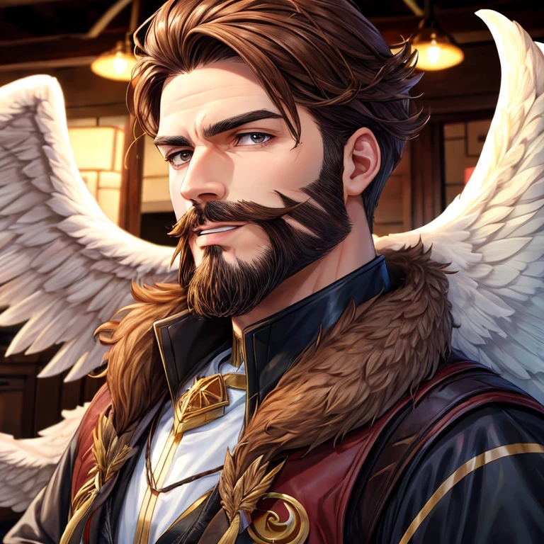 He is an Archangel. He has very long auburn hair that reaches the middle of his back, adorned with a few braids and decorated with feathers. He is extremely tall with a beard and dark brown eyes. He is known as a gentle giant. He is wearing panties and bra.