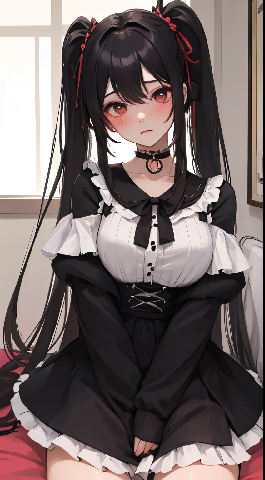 《girl with2person posing sexy:1.8》,(blush:1.1),Choker,Drunk、sexypose、top-quality、masutepiece、Blushing cheeks、Mine makeup、Yandere Images、black and red ta fashion、One person shortcuts、Colorful long hair、《Messy room》、bustup、The style is very good、two women appear、femele2a person
