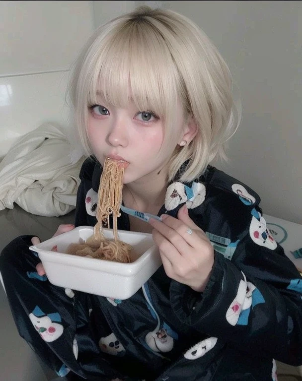 chica de pelo rubio comiendo fideos con palillos en pijama, comer fideos, Chica de anime en la vida real, Comer ramen, Chica emo comiendo panqueques, Mukbang, Peinado blanco de corte hime, comer espaguetis, Shikamimi, Kawaii espeluznante, 1 7 - - old me goth girl, ulzzang, El Corte Hime, Linda chica kawaii, con pelo largo blanco