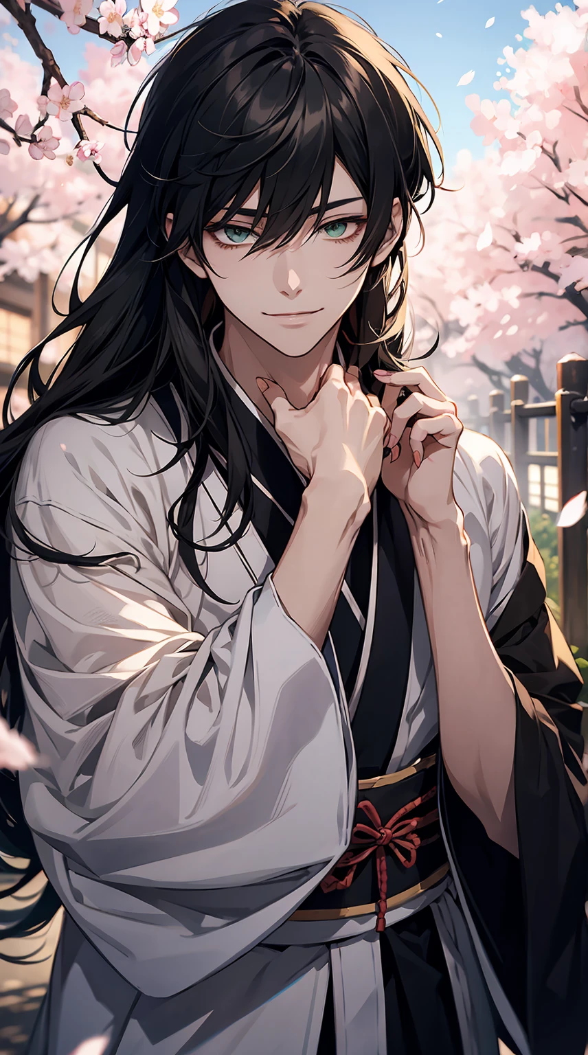 Japanese style,[Touken ranbu], [Izuminokami Kanesada],confident smile,cherry blossoms,1young guy,best quality, more details, masterpiece, slanted eyes,green   eyes, portrait, male focus, solo, moonlight, fantastic, nail polish, black  hair, long  hair,luxurious, 8k, detailed, ray tracing, depth of field, cinematic lighting,cool face,kimono