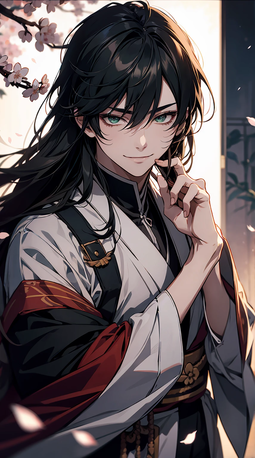 Japanese style,[Touken ranbu], [Izuminokami Kanesada],confident smile,cherry blossoms,1young guy,best quality, more details, masterpiece, slanted eyes,green   eyes, portrait, male focus, solo, moonlight, fantastic, nail polish, black  hair, long  hair,luxurious, 8k, detailed, ray tracing, depth of field, cinematic lighting,cool face,kimono