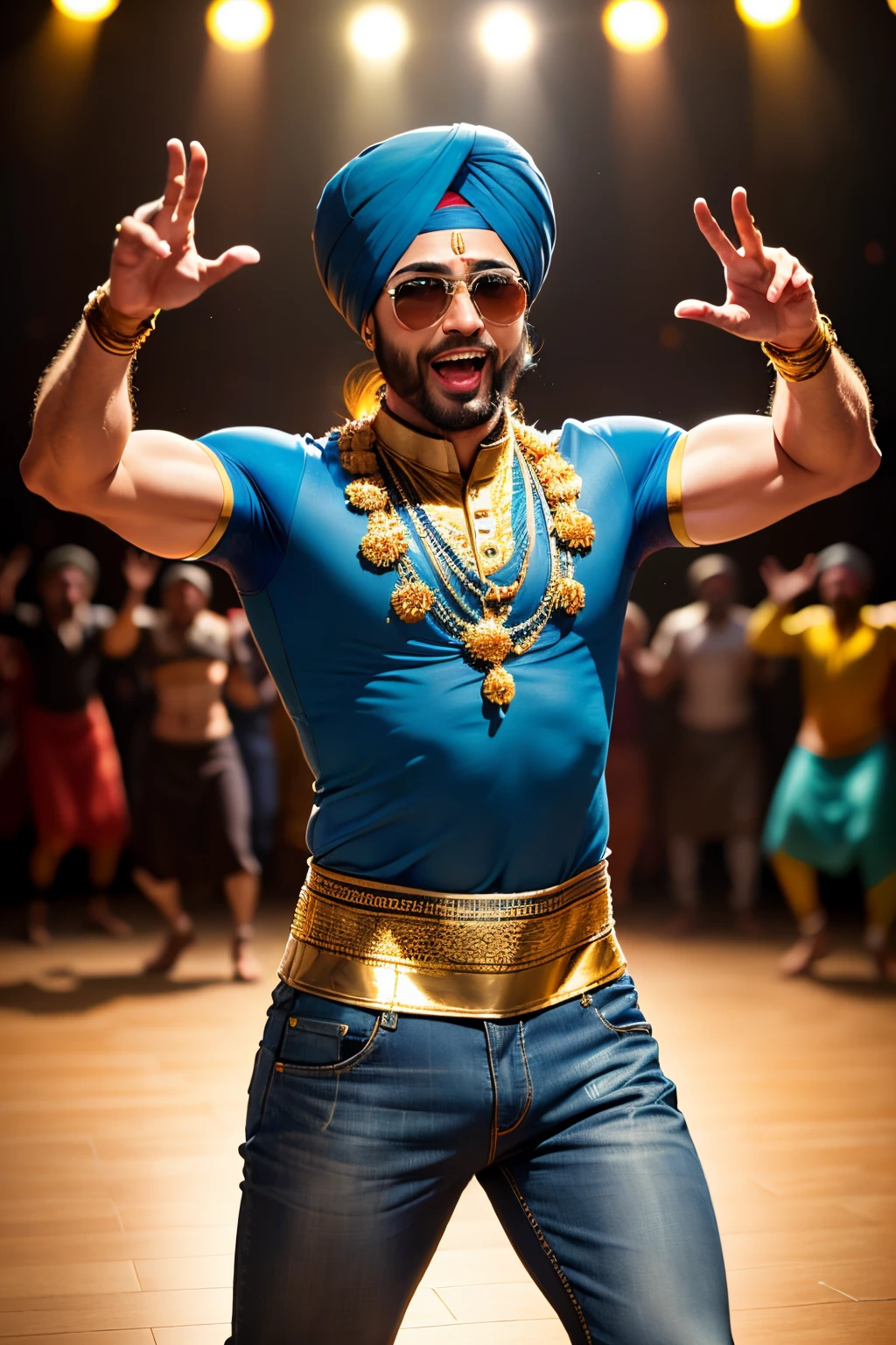 Buff man with amazing medium well kept hair wearing gold aviators, blue kurta and jeans doing a silly dance happily, in love, music video, Punjab, basic background, surrounded by happy Punjabis also dancing silly