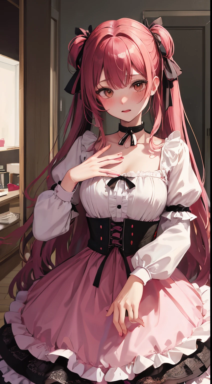 《girl with2person posing sexy:1.8》,(blush:1.1),Choker,Drunk、sexypose、top-quality、masutepiece、Blushing cheeks、Mine makeup、Yandere Images、black and red lolita fashion、One person shortcuts、Colorful long hair、《Messy room》、bustup、The style is very good、two women appear、femele2a person