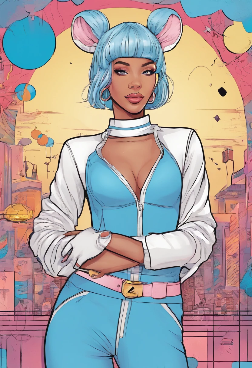 Create a comic of a female singer dressed in a light blue jumpsuit with pink lines on the sides and black arm sleeves and feet with white tennis shoes with white gloves with black rabbit ears and long electric blue hair, singing