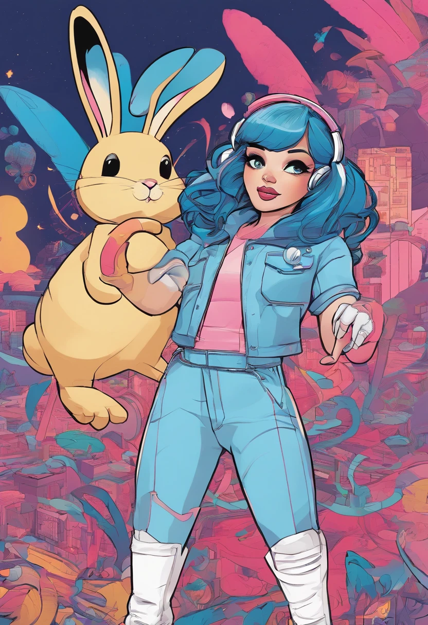 Create a comic of a female singer dressed in a light blue jumpsuit with pink lines on the sides and black arm sleeves and feet with white tennis shoes with white gloves with black rabbit ears and long electric blue hair, singing