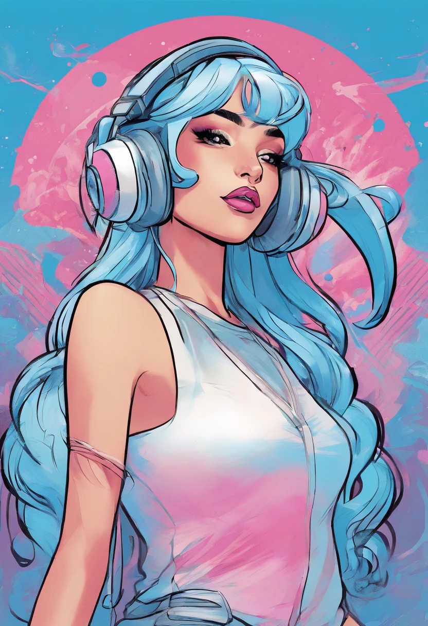 female singer dressed in a light blue jumpsuit with pink lines on the sides and black arm sleeves and feet with white tennis shoes with white gloves with black rabbit ears and long electric blue hair, singing