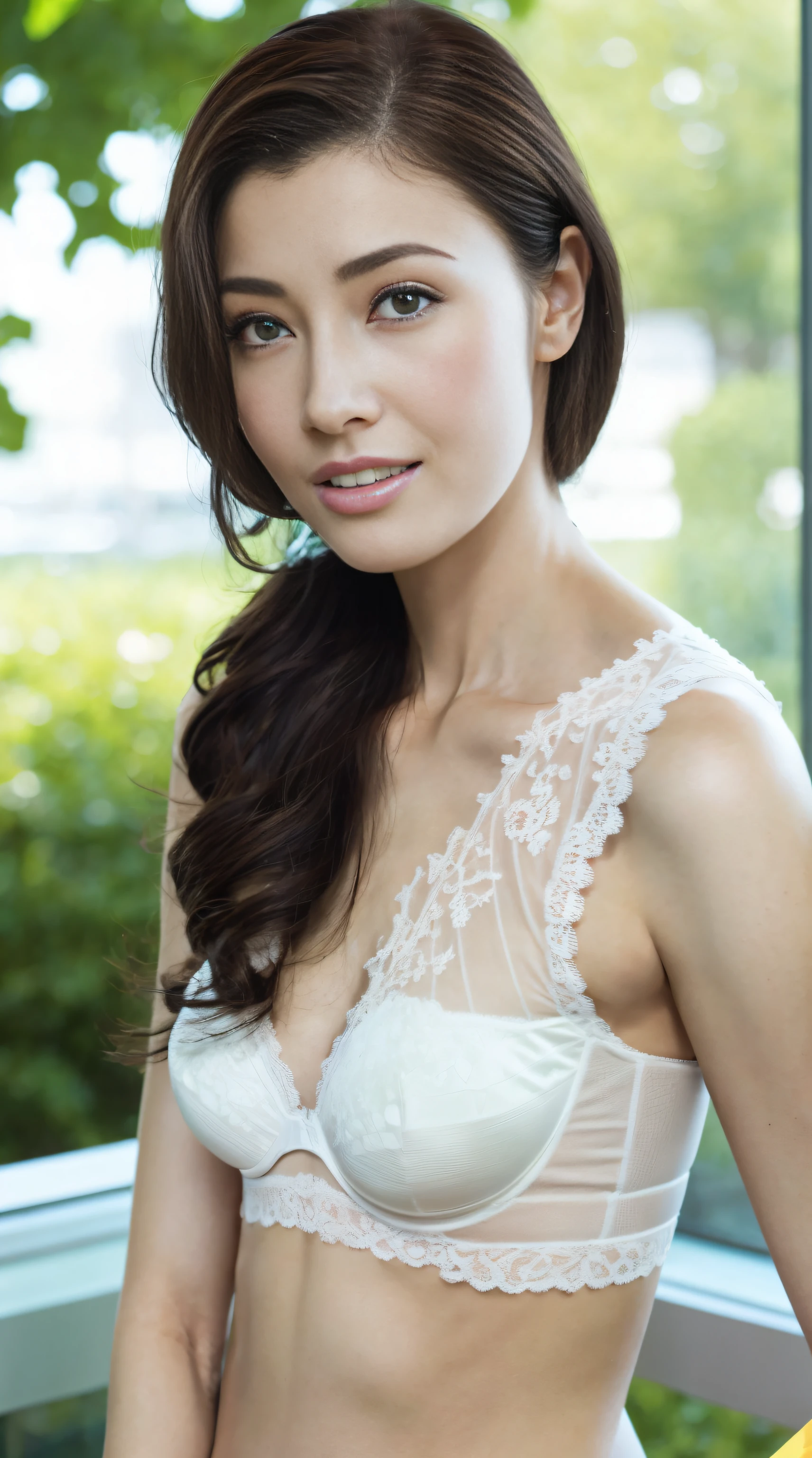 a fashion model，18yr old， [[[[Close-up cleavage]]]], [[[[climaxing]]]], [[[[Cole]]]], [[[[bshoulder]]]], perfect  eyes, Perfect iris，perfect lips，perfect teeth，Perfect Skin，with fair skin，HighDynamicRange，Movie Girl，(delicated face)，(Highly defined faces)，((White lace underwear))，The background is indoors，green trees outside the window，fresh flowers，4K Ultra HD, 超高分辨率, (realistically: 1.4), Best quality，tmasterpiece，（pastel colour：1.2）