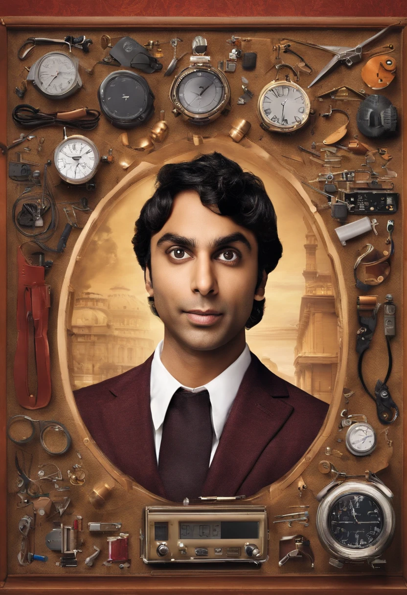 A photo of a quirky, DIY project with wires and gadgets scattered on a workbench,The Big Bang Theory,Raj is an Indian man with black hair and brown eyes, portrayed by Kunal Nayyar, male