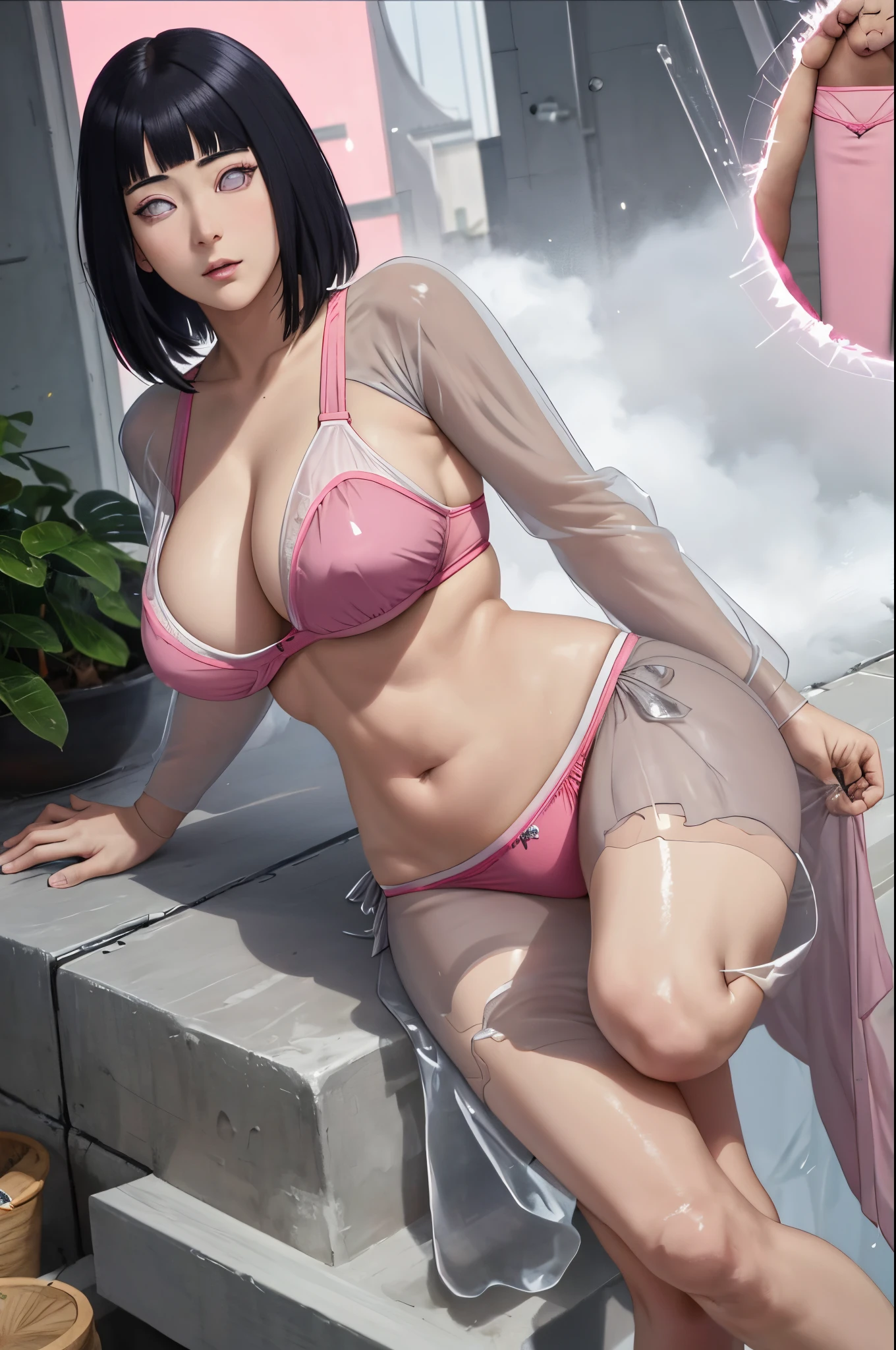 masterpiece, absurdres, hinata hyuga, 1girl, solo,mature female, , detailed finger, beautiful hand, hyper realisitc, 1womanl, (Sagging breasts, Bewitching body: 1.2) brunette color hair: 1.1, Super detailed face, Detailed lips, Detailed eyes, 二重まぶた,Huge breasts wrapped in pink transparent belly pockets leak out,Has a deep V bust,Visible transparent pink belly pocket,Visible transparent pink thong panties,Leakage of the ,Cover your breasts with your hands,Super full and firm huge breasts, Side posture, visible curves,full body1:1