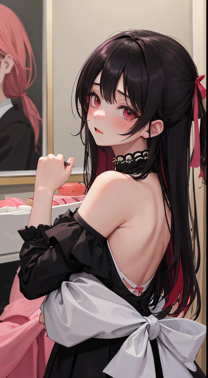 girl with2a person:1.8,(blush:1.1),Choker,Drunk、hug from behind、top-quality、masutepiece、Blushing cheeks、Mine makeup、Yandere Images、black and red ta fashion、One person shortcuts、Colorful long hair、《Messy room》、bustup、The style is very good、two women appear、femele2a person