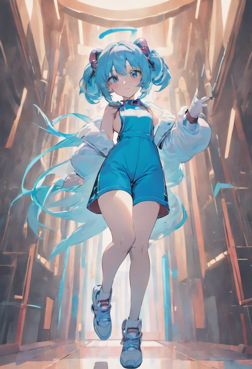 female singer dressed in a light blue jumpsuit with pink lines on the sides and black arm sleeves and feet with white tennis shoes with white gloves with black rabbit ears and long electric blue hair, singing