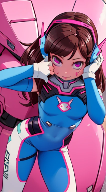 Masterpiece, Best Quality, High Resolution, 1Girl, Ultra High Resolution, Solo, Mecha Pilot, D.VA, Headphones, Pink Eyes, Cat Face Adornament, Blue Tights, Brown Hair, White Gloves,