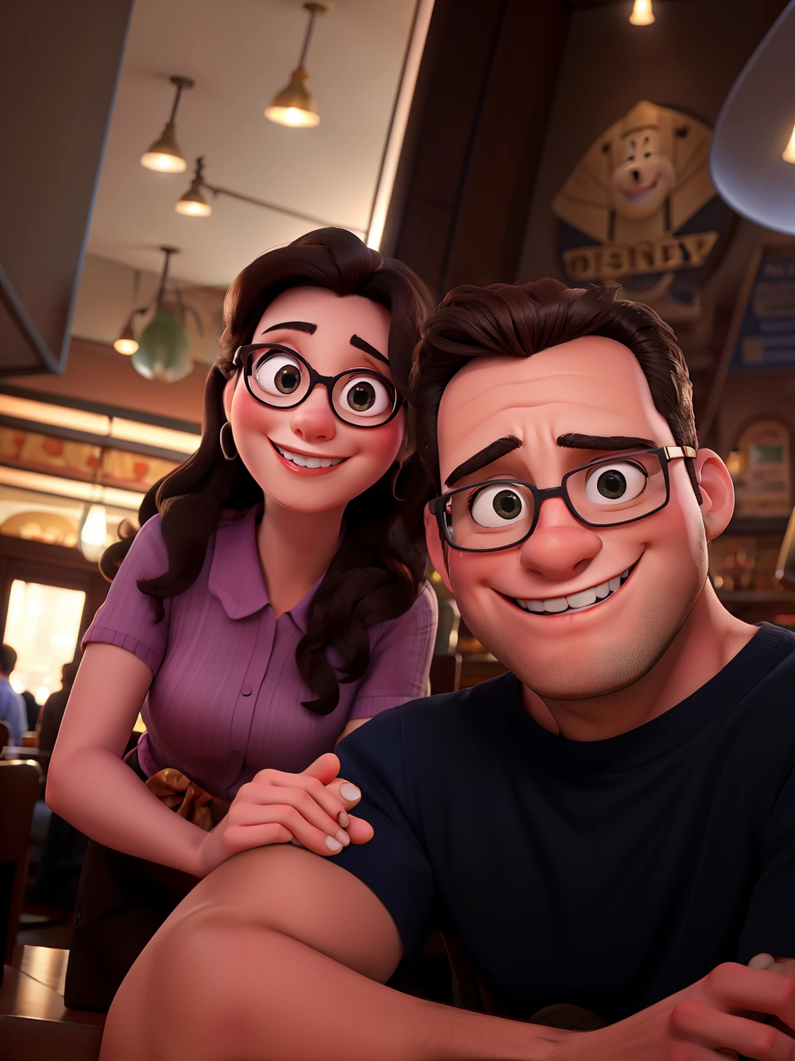 Disney Style Couple With Glasses Smiling In Restaurant.
