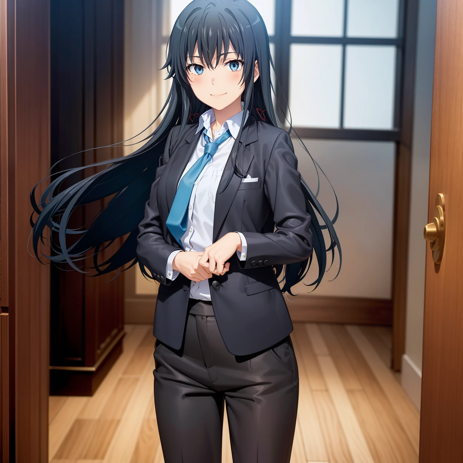 Sakaki Yumiko, (very long hair:1.25) and (long bangs:1.5), wearing a business suit with a long pencil skirt and pantyhose, standing. The artwork is inspired by manga and incorporates a doujin style. The woman appears to be (wetting herself:1.5), which causes her to feel embarrassed and humiliated, resulting in a blush on her face. In addition, there is an air of anger in her expression. The lighting in the scene is moody, with a spotlight highlighting the woman's figure, Her arms are crossed (crossing arms:1.5), showcasing a very large pee stain that covers almost the entire front of her pencil skirt., large breasts, skinny