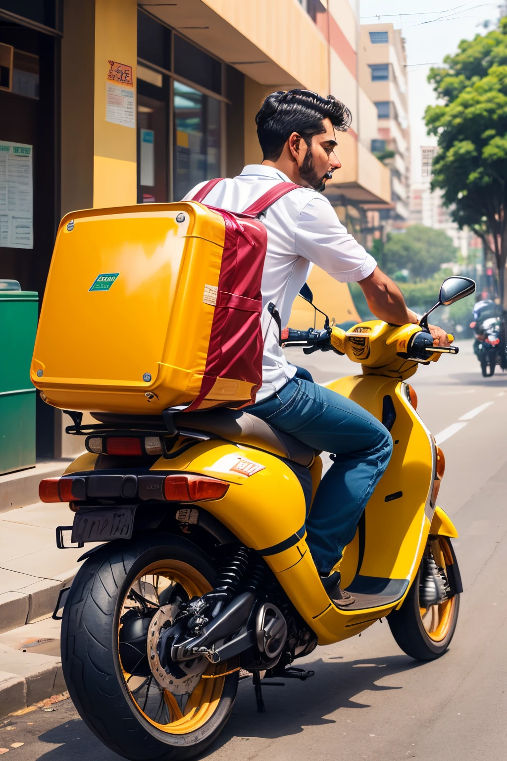 9-5 worker riding to his office on a Bajaj scooter, holding a yellow lunch box in his hand, looking at his yellow lunch box with love