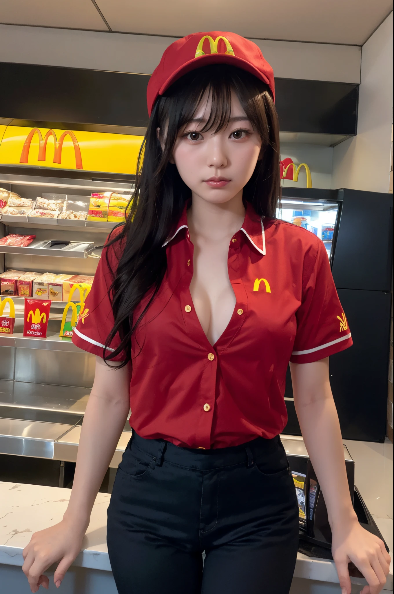 Young Japanese woman wearing McDonald&#39;s uniform, (Unbuttoned half of his red shirt), (Low black pants), Red hat with the McDonald's logo, Stand behind the McDonald's counter, lower chest,