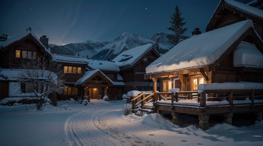A serene winter night scene in a mountainous region, where traditional thatched-roof houses are blanketed in snow. The warm glow of lights from the windows suggests a cozy atmosphere inside, contrasting with the cold blue tones of the snow-covered landscape. The darkness of the night sky and the surrounding environment accentuates the illumination of the houses. There's a hint of human presence in this secluded area, as evidenced by the lights and the well-trodden paths in the snow.