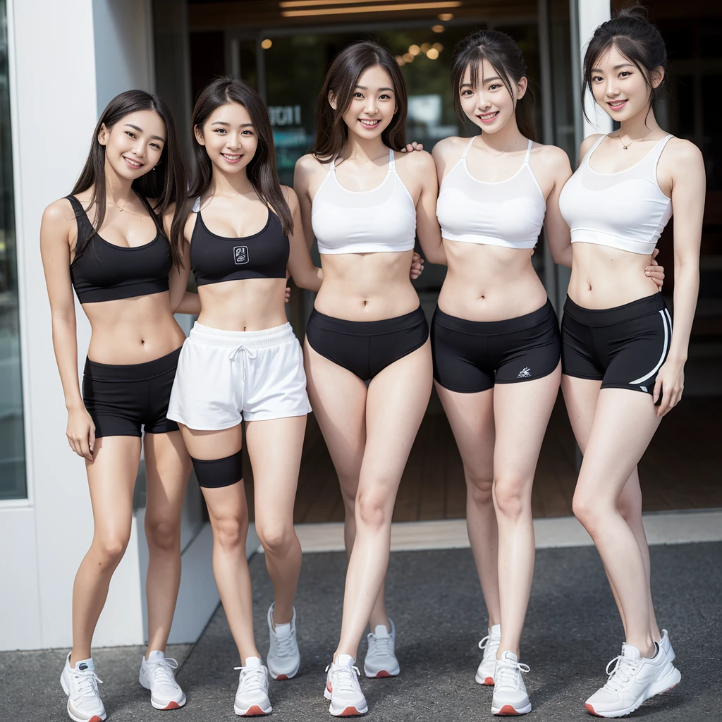 (Photorealsitic)Beautuful Women, (8K Beauty Full Body Portrait), （Three people stood, happy laughing，Perfect facial detail, attractive beautiful face, 二重まぶた, Beautiful detailed eyes, long eyelasher）, (Smile: 1.15), ligh brown hair, short-cut, toyko, young 17 years old,3 women, Colossal tits, Toned waist, Beautiful thin legs, Yoga Sportswear，Yoga Sports Shorts，Long legs，delicate finger。