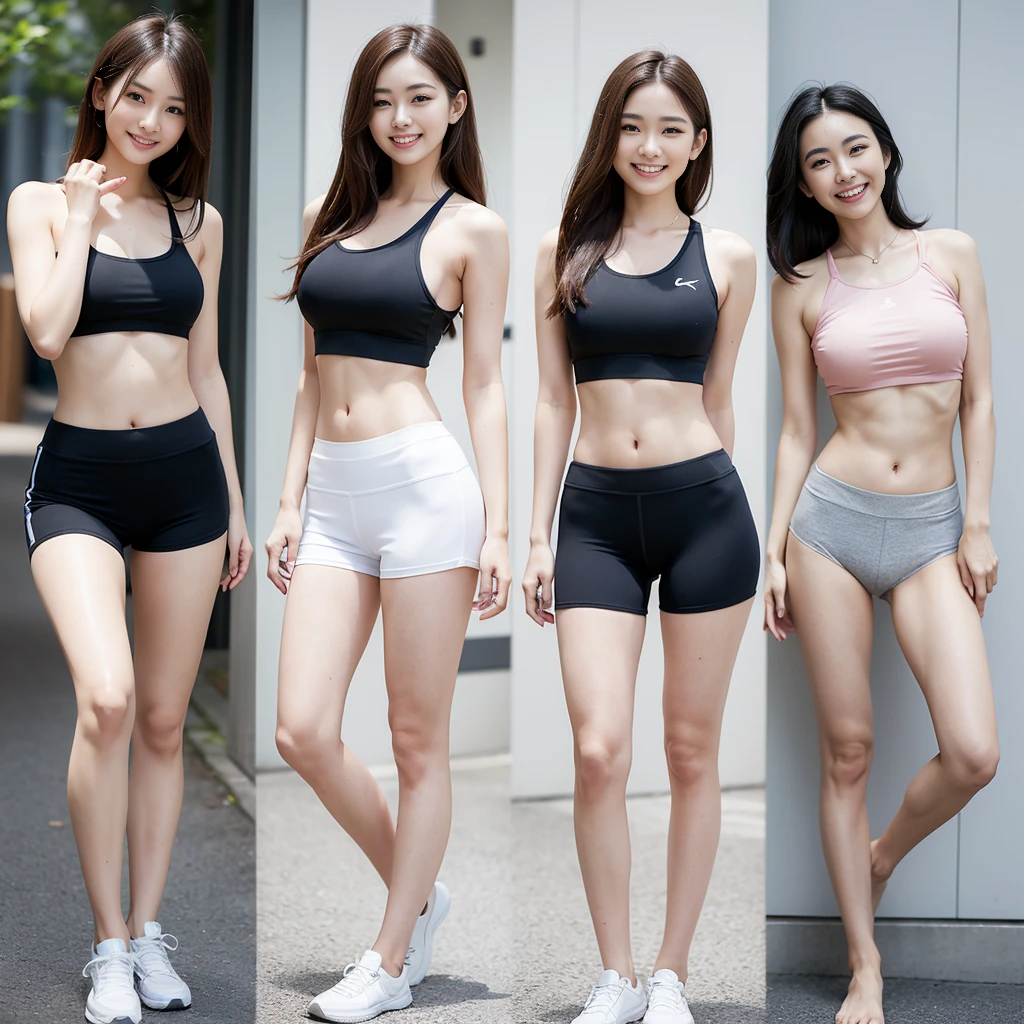 (Photorealsitic)Beautuful Women, (8K Beauty Full Body Portrait), (Three people stood, happy laughing,Perfect facial detail, attractive beautiful face, 二重まぶた, Beautiful detailed eyes, long eyelasher), (Smile: 1.15), ligh brown hair, short-cut, toyko, young 17 years old,3 women, Colossal tits, Toned waist, Beautiful thin legs, Yoga Sportswear,Yoga Sports Shorts,Long legs,delicate finger。