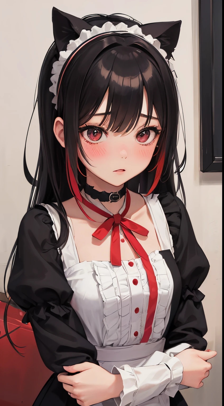 girl with２a person:1.8,(blush:1.1),Choker,Drunk、hug from behind、top-quality、masutepiece、Blushing cheeks、Mine makeup、Yandere Images、black and red lolita fashion、One person shortcuts、Colorful long hair、《Messy room》、bustup、The style is very good、two women appear、femele２a person