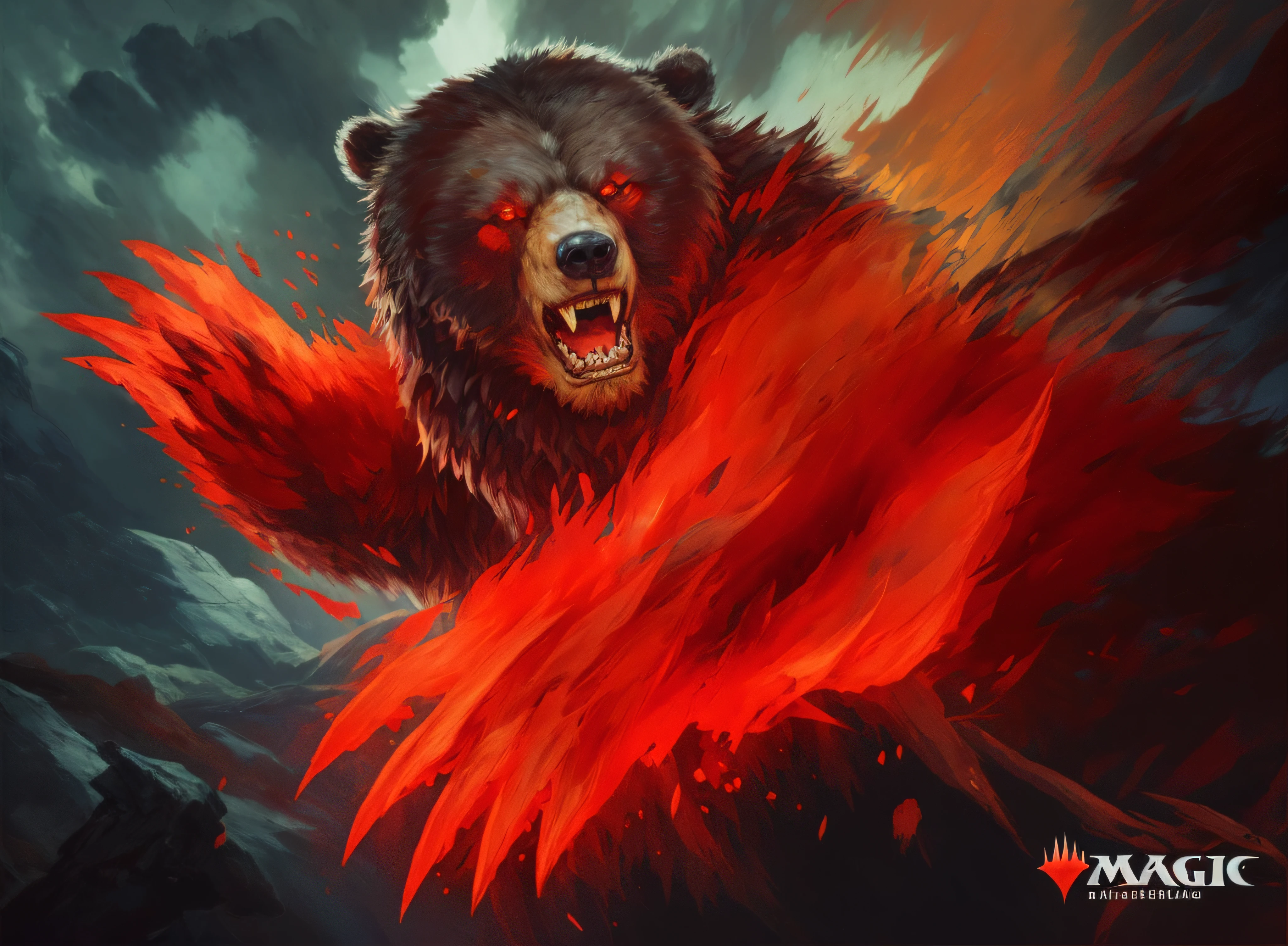 Bear , rage, maniac, war paint, red, Khorne, magic the gathering artwork, D&D, fantasy, cinematic lighting, centered, symmetrical, highly detailed, digital painting, artstation, concept art, smooth, sharp focus, illustration, volumetric lighting, epic Composition, 8k, art by Akihiko Yoshida and Greg Rutkowski and Craig Mullins, oil painting