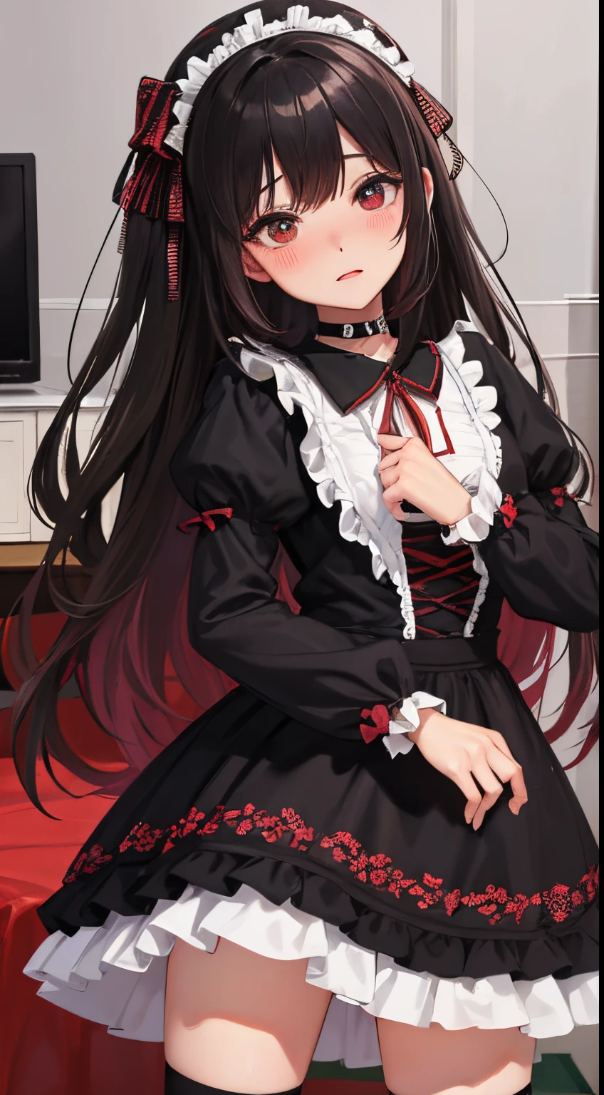 girl with２a person:1.8,(blush:1.1),Choker,Drunk、hug from behind、top-quality、masutepiece、Blushing cheeks、Mine makeup、Yandere Images、black and red lolita fashion、One person shortcuts、Colorful long hair、《Messy room》、bustup、The style is very good、two women appear、femele２a person