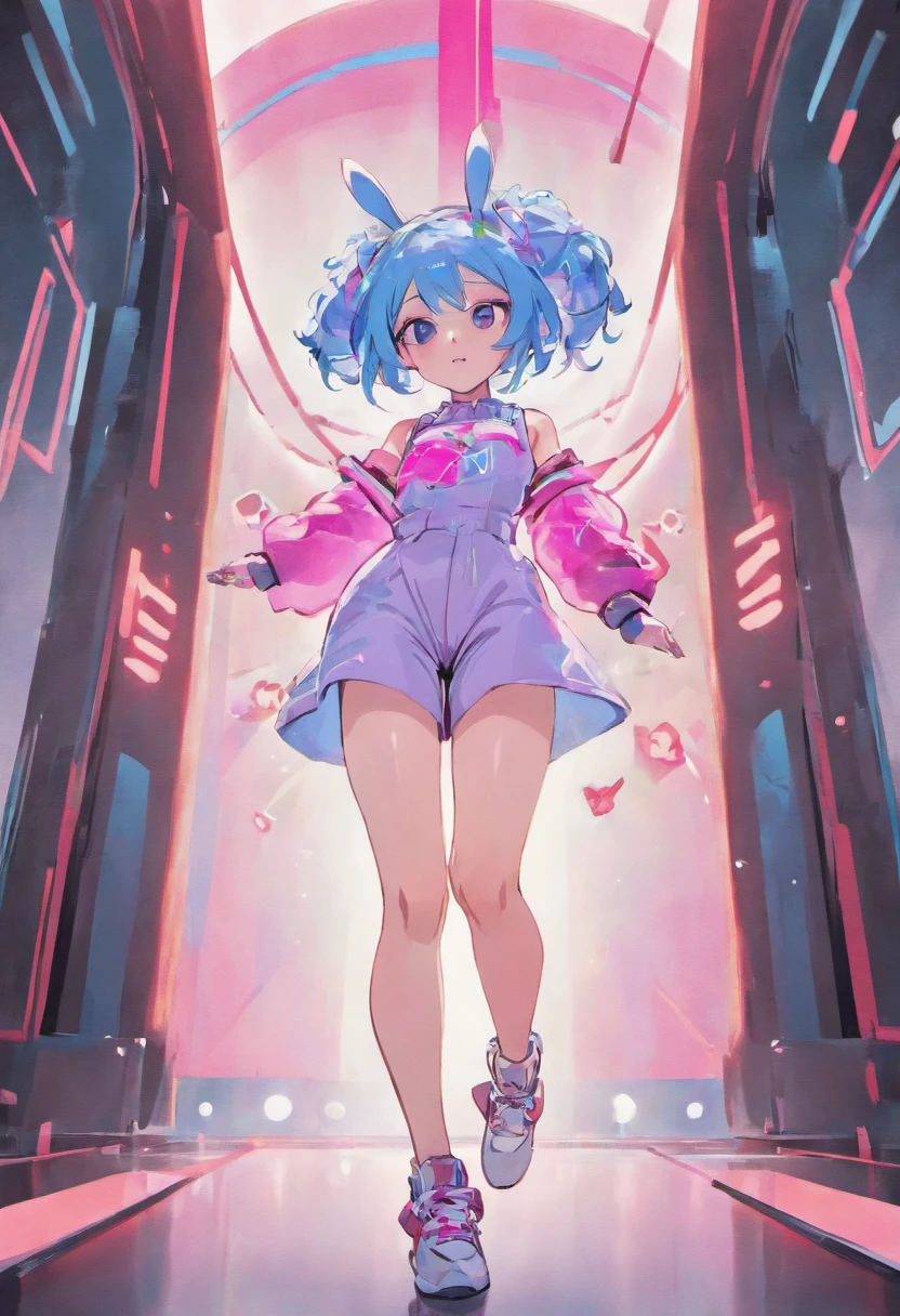 1 girl singer dressed in a light blue jumpsuit with pink lines on the sides and black arm sleeves and feet with white tennis shoes with white gloves with black rabbit ears and long electric blue hair, singing