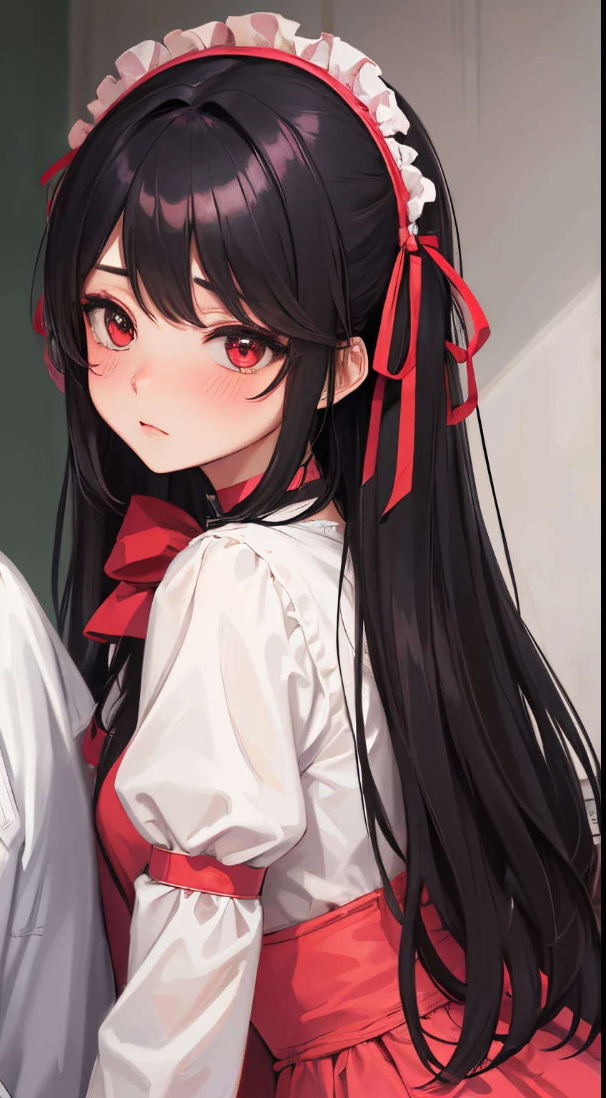 girl with２a person:1.8,(blush:1.1),Choker,Drunk、hug from behind、top-quality、masutepiece、Blushing cheeks、Mine makeup、Yandere Images、black and red lolita fashion、One person shortcuts、Colorful long hair、《Messy room》、bustup、The style is very good、two women appear、femele２a person